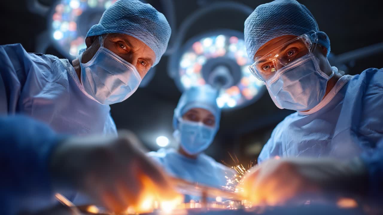 Chirurghi concentrati impegnati in un intervento di precisione con scintille che volano nella sala operatoria, a sottolineare l'intensità e l'abilità richieste per le procedure salvavita
