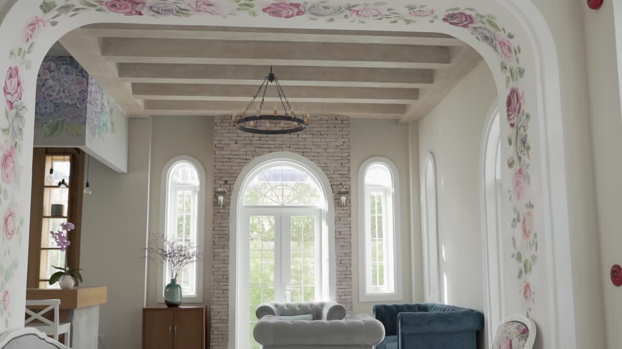 los cómodos sofás en la sala de estar con el ángulo de la cámara revelan el cuarto de estar moderno