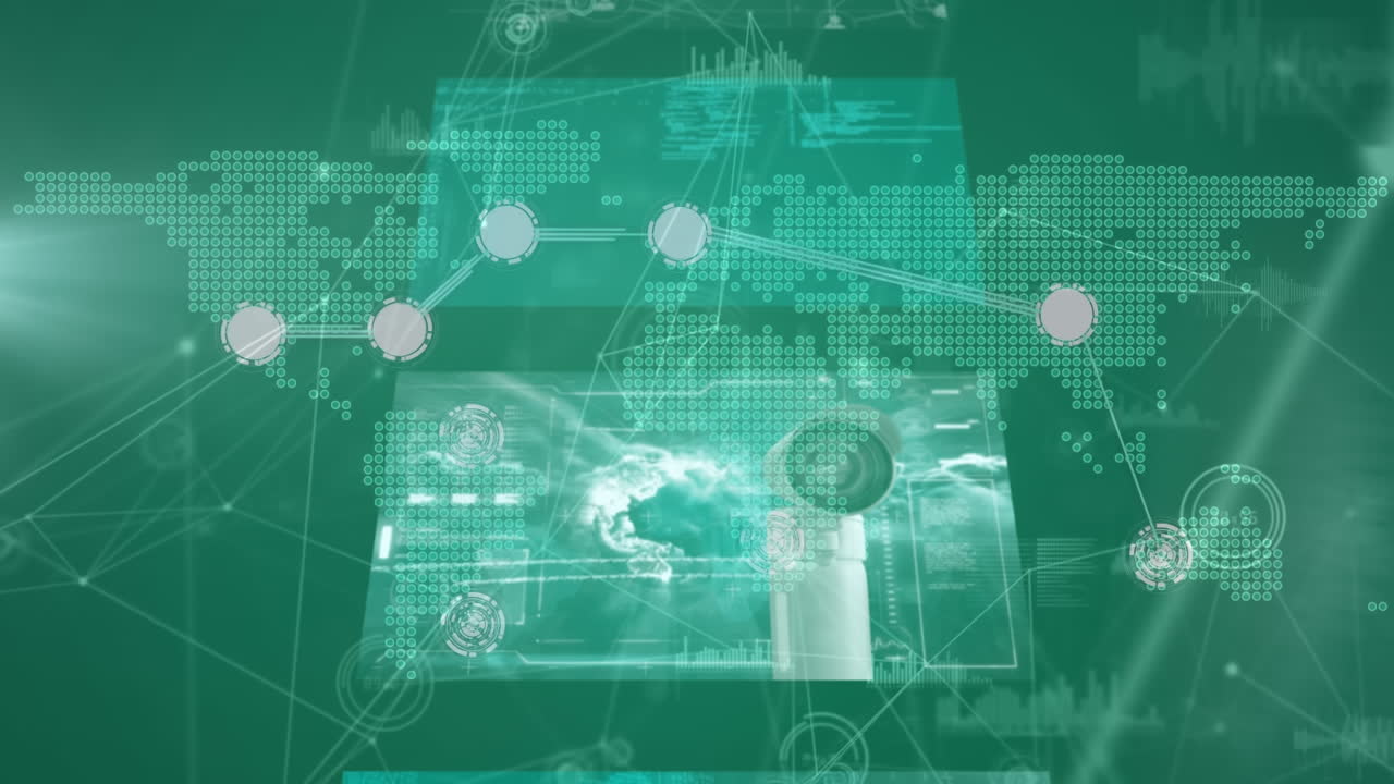 데이터 처리 및 세계 지도를 통한 연결 네트워크의 애니메이션