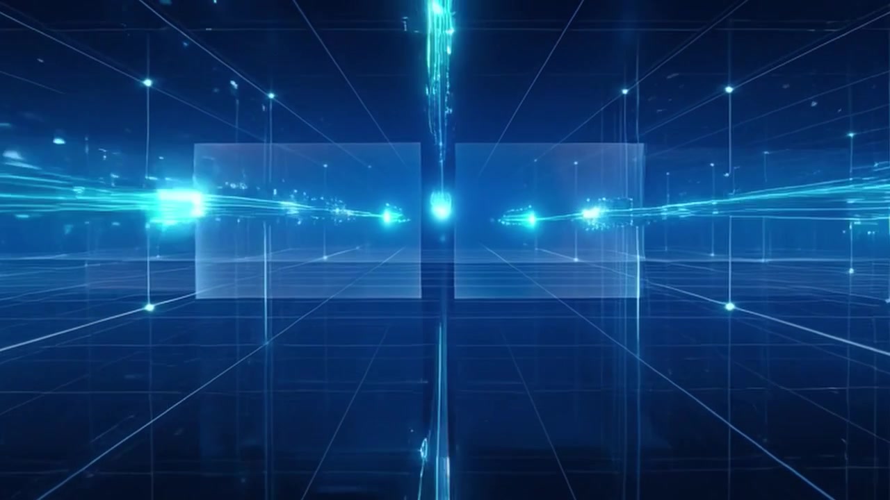 Abstract Digital Grid with Glowing Light Trails and Data Flow
