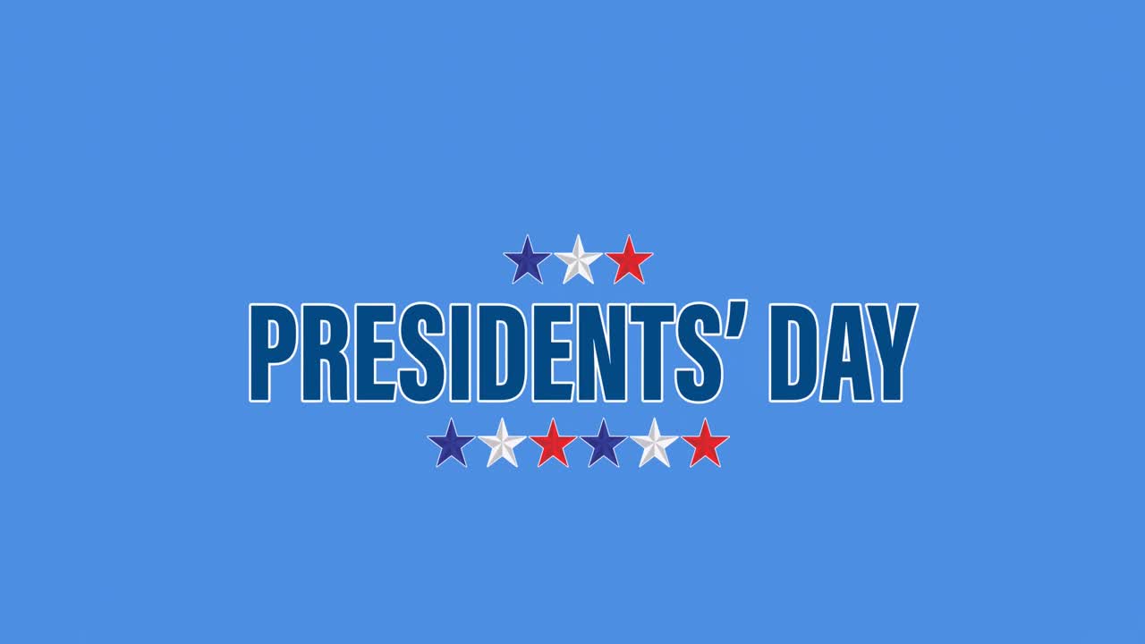 Animation of presidents' day text and red, white and blue stars, on blue