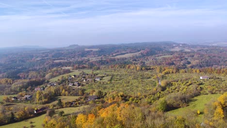 european rural landscape with forests, fields and houses seen from above, pan right