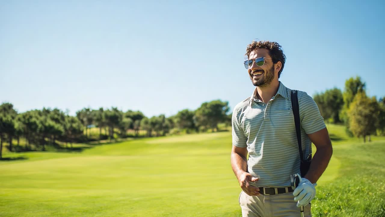 Un golfista sorridente si gode una giornata di sole su un campo verde e rigoglioso