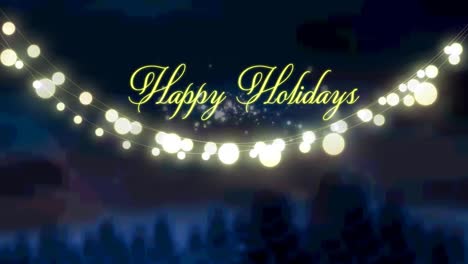 Animation-of-christmas-seasons-greetings-and-glowing-fairy-lights-over-winter-landscape