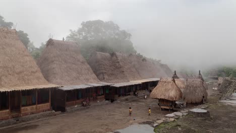 traditional bena village with thatched roof houses in misty flores, indonesia