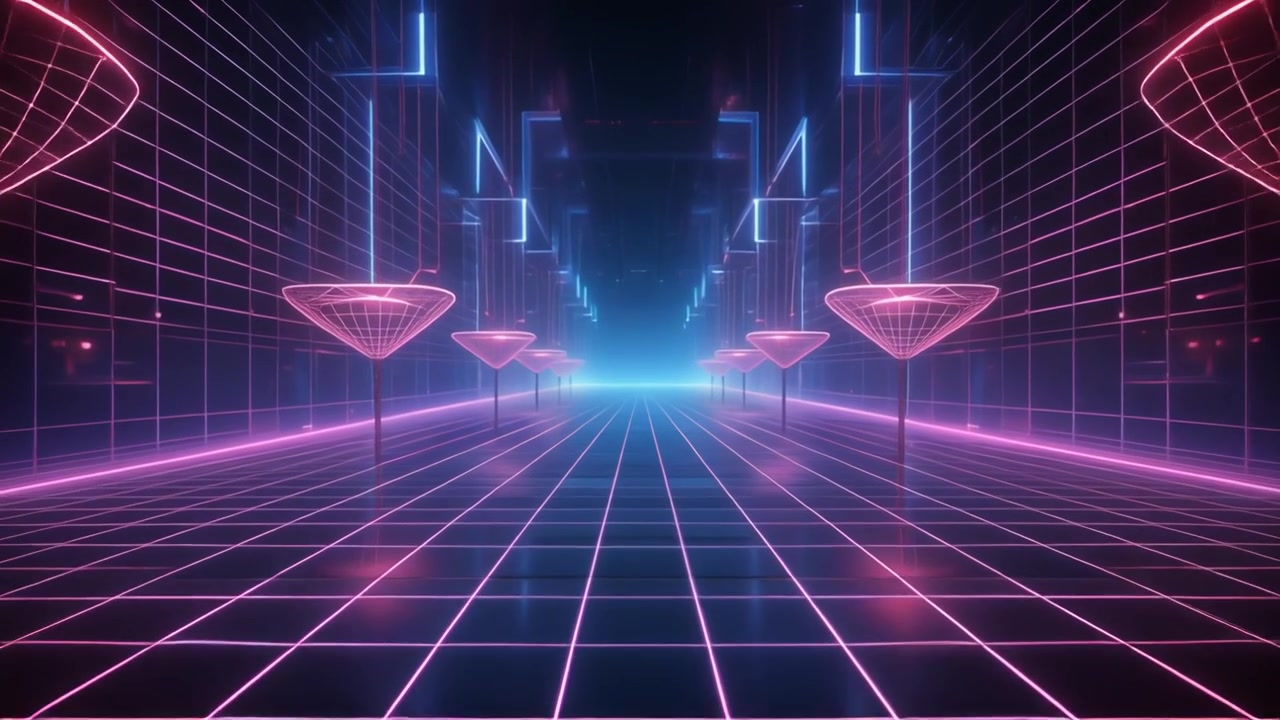 Tunnel a griglia al neon futuristico con strutture geometriche luminose