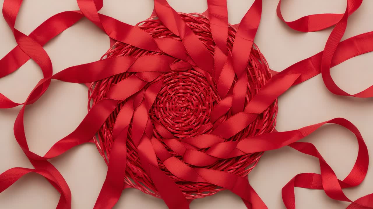 Shifting braided red cord coil rotating while satin ribbons sliding and settling on beige table