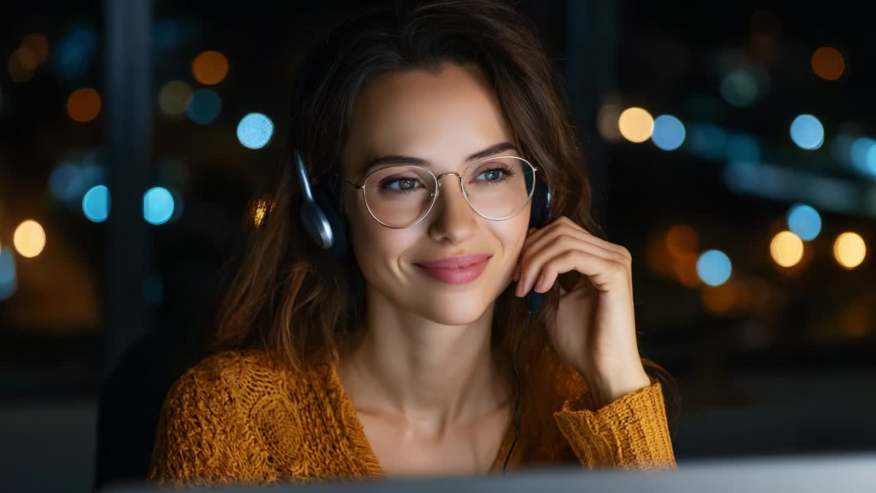 In a tranquil evening glow, a thoughtful young woman with glasses and a headphone deeply engages in a conversation, capturing the essence of focus and connectivity in a cozy environment filled with city lights
