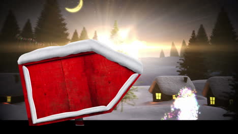 animación de cartel de madera roja con nieve cayendo y paisaje de invierno