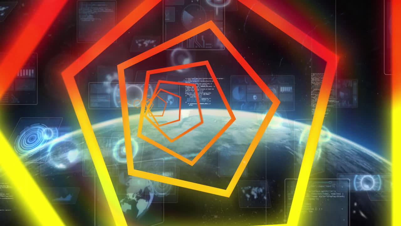 animación de pentágonos coloridos sobre pantallas de datos digitales y la tierra desde el espacio
