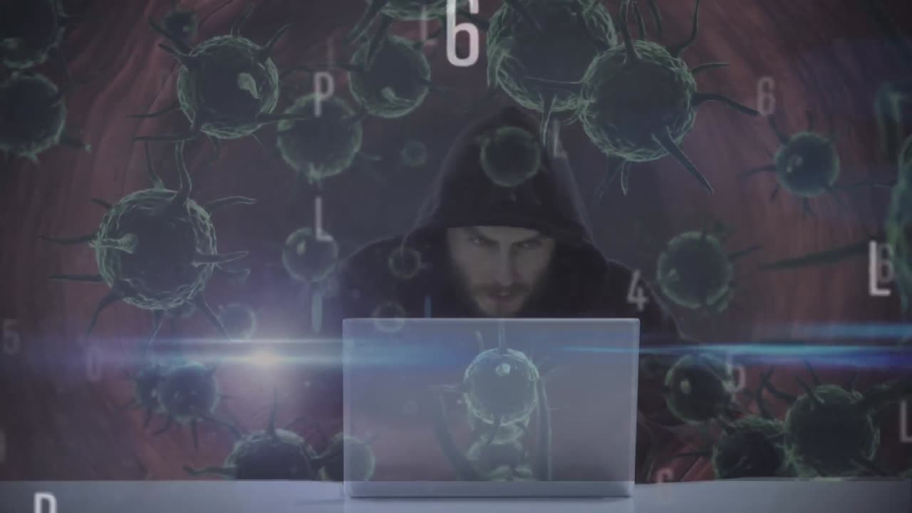 cambiando números y alfabetos sobre las células de covid-19 flotando contra un hacker masculino usando una computadora portátil