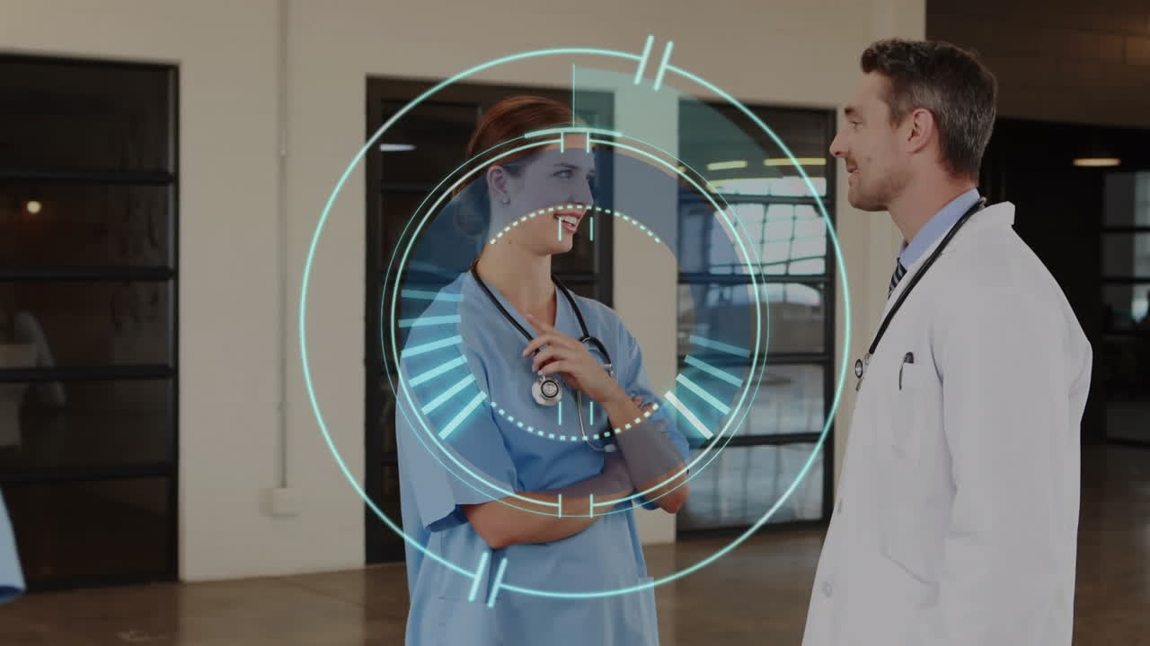 animación de escáner redondo de neón sobre un hombre y una mujer caucásicos hablando en el hospital.