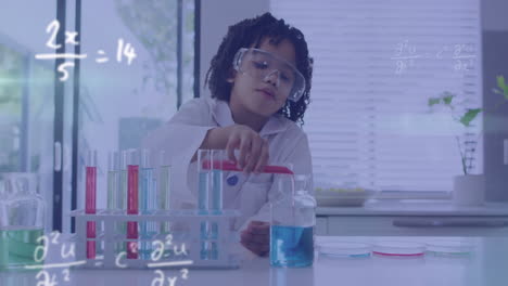 animation of mathematical equations over biracial schoolboy doing experiment in lab