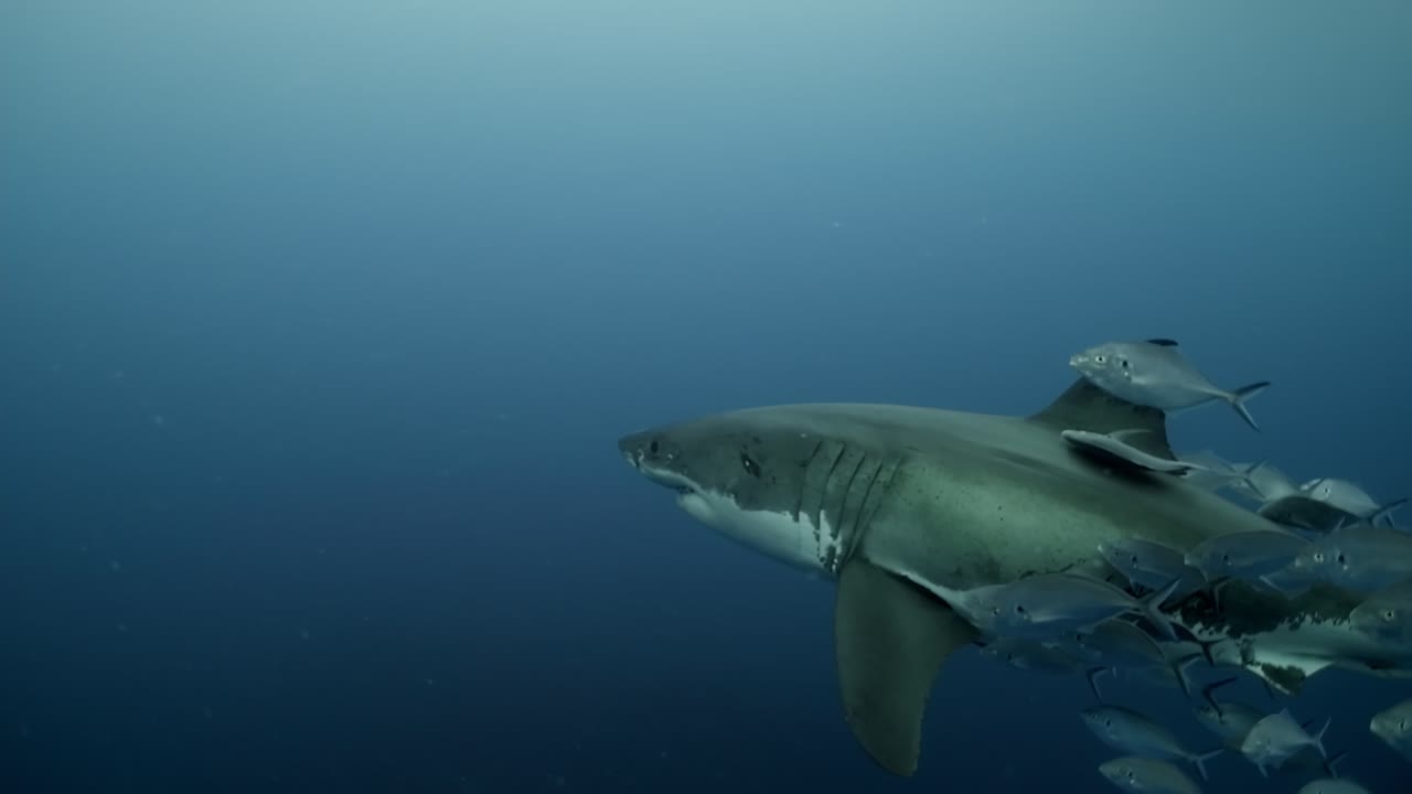 gran tiburón blanco con cicatrices de batalla carcharodon carcharias 4k primer plano de tiburón con cicatrices islas neptuno sur de australia
