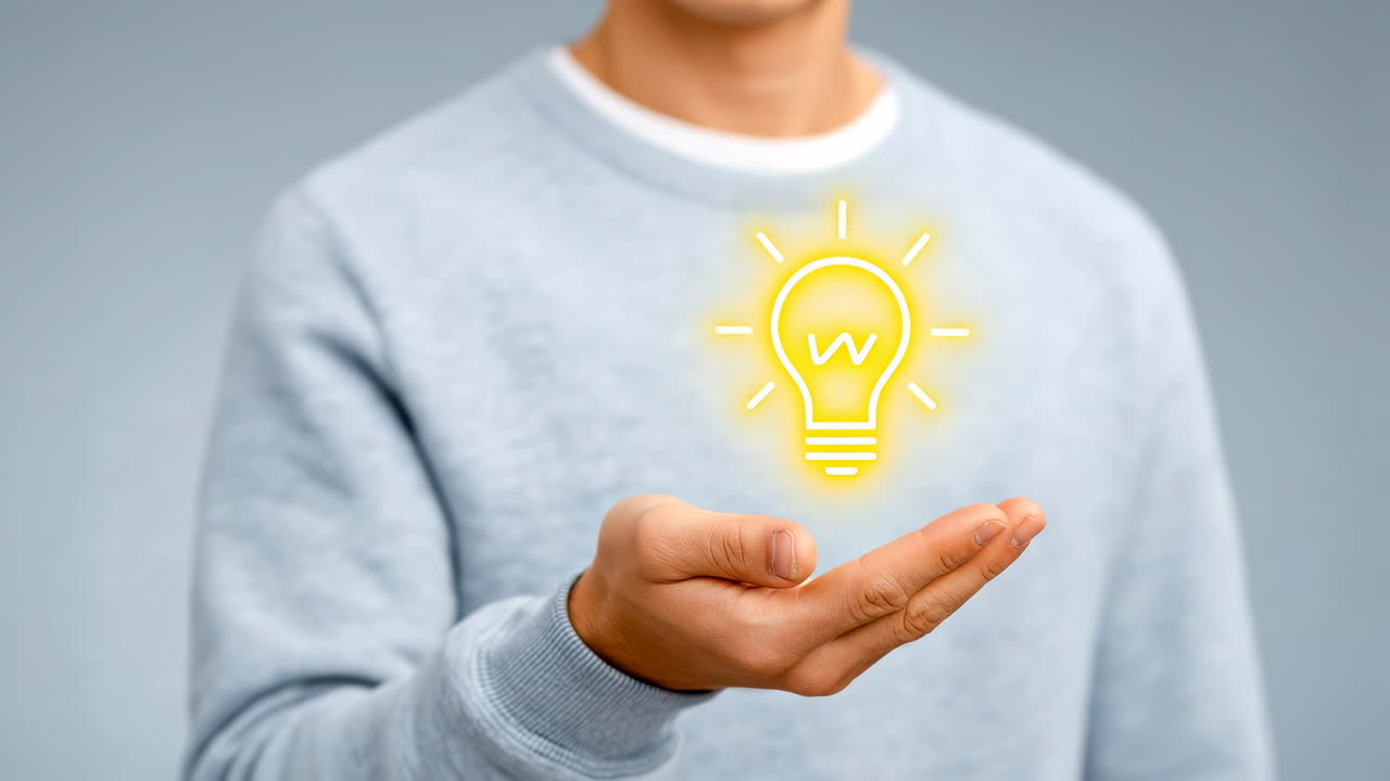 Hand holding light bulb idea. A person holds a glowing light bulb over their palm, symbolizing creativity and inspiration in a simple scene