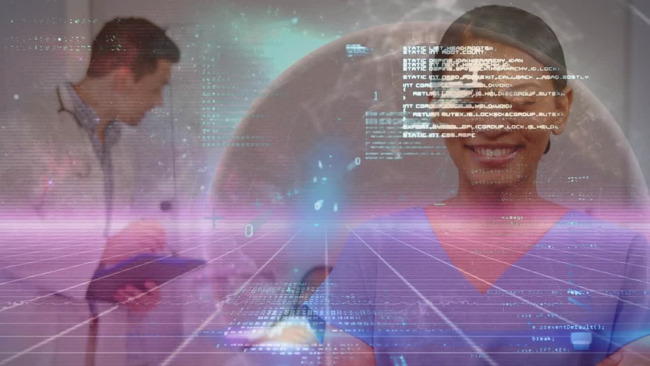 Animation of digital interface over two diverse doctors