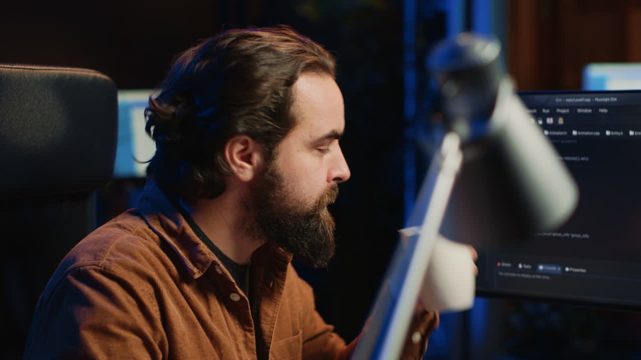 Computer scientist drinking cup of coffee while developing code on PC