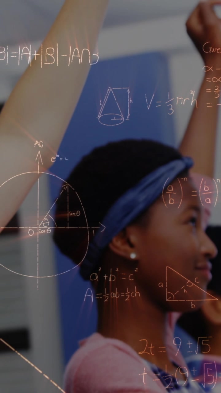 Young Girl Raising Hand in Classroom with Animated Math Equations