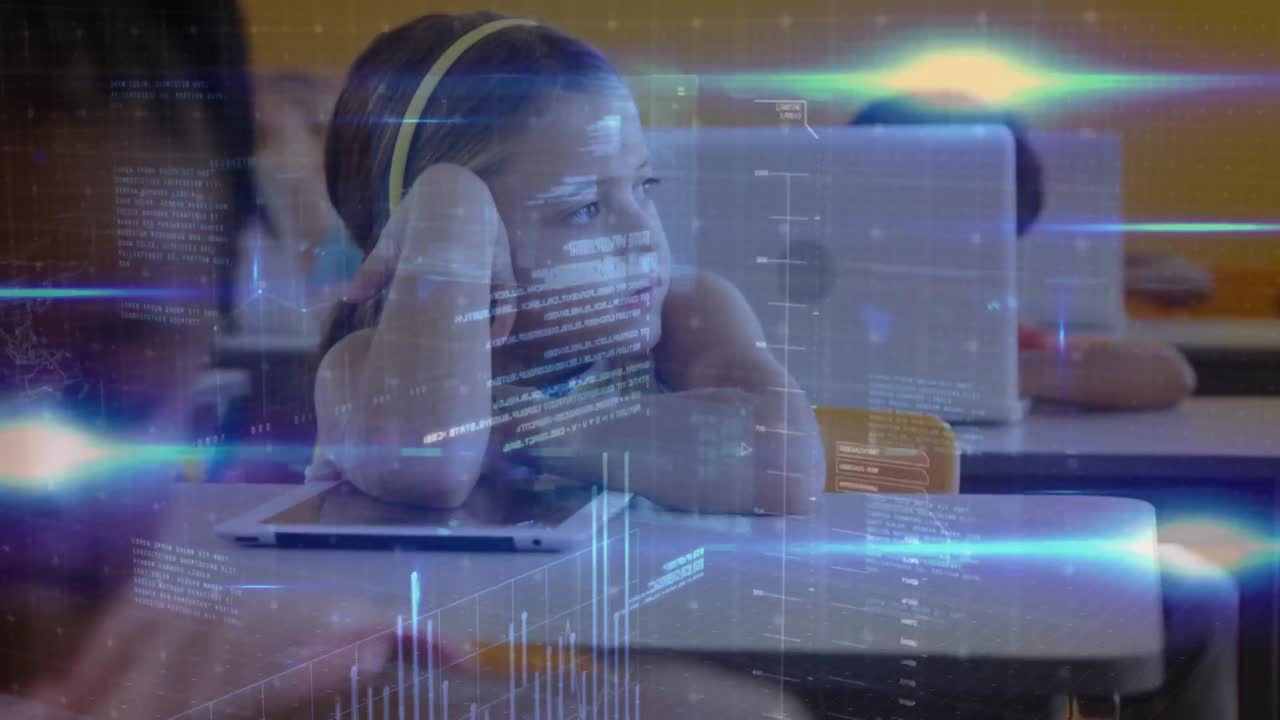 Animation of data processing over diverse schoolchildren learning in classroom