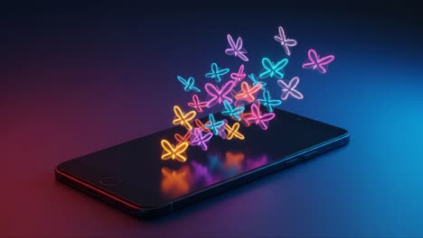 a mesmerizing display of colorful butterflies emerging from a smartphone, symbolizing the fusion of technology and nature in a vibrant digital artistry concept