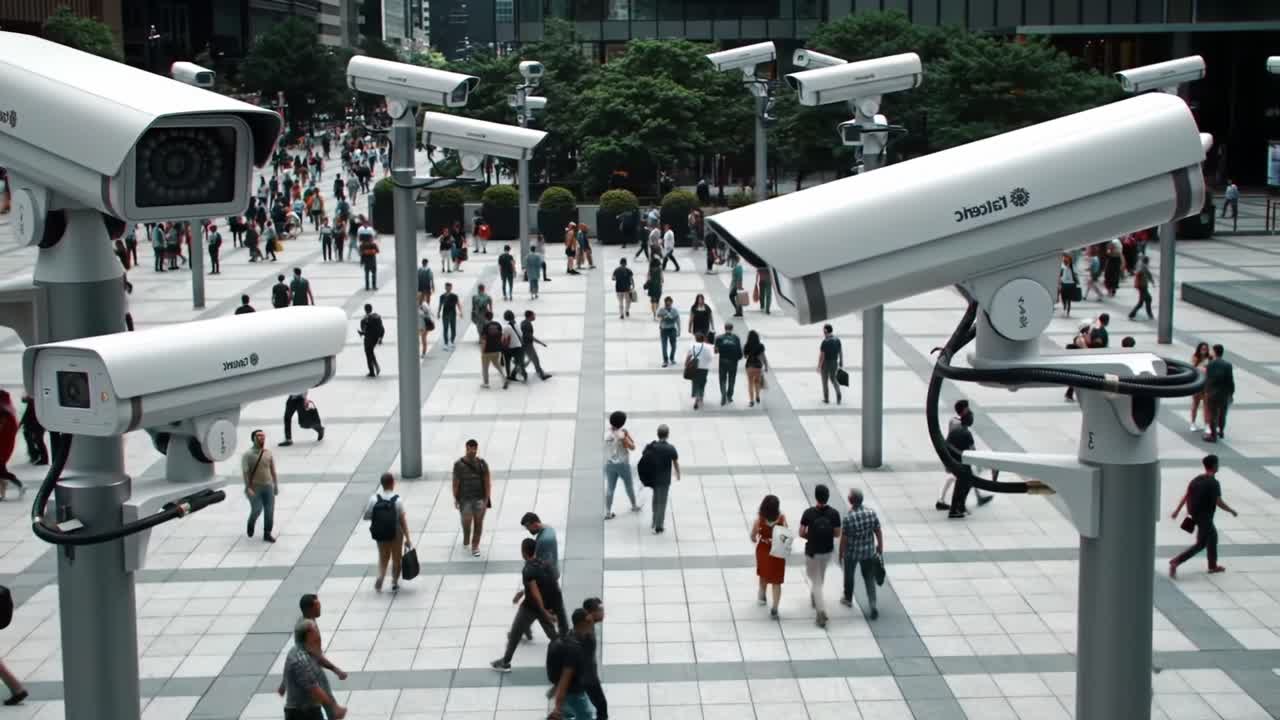 Surveillance in Action: A Busy Urban Landscape Captured Through Security Cameras Monitoring the Flow of Pedestrians in a Modern City Setting