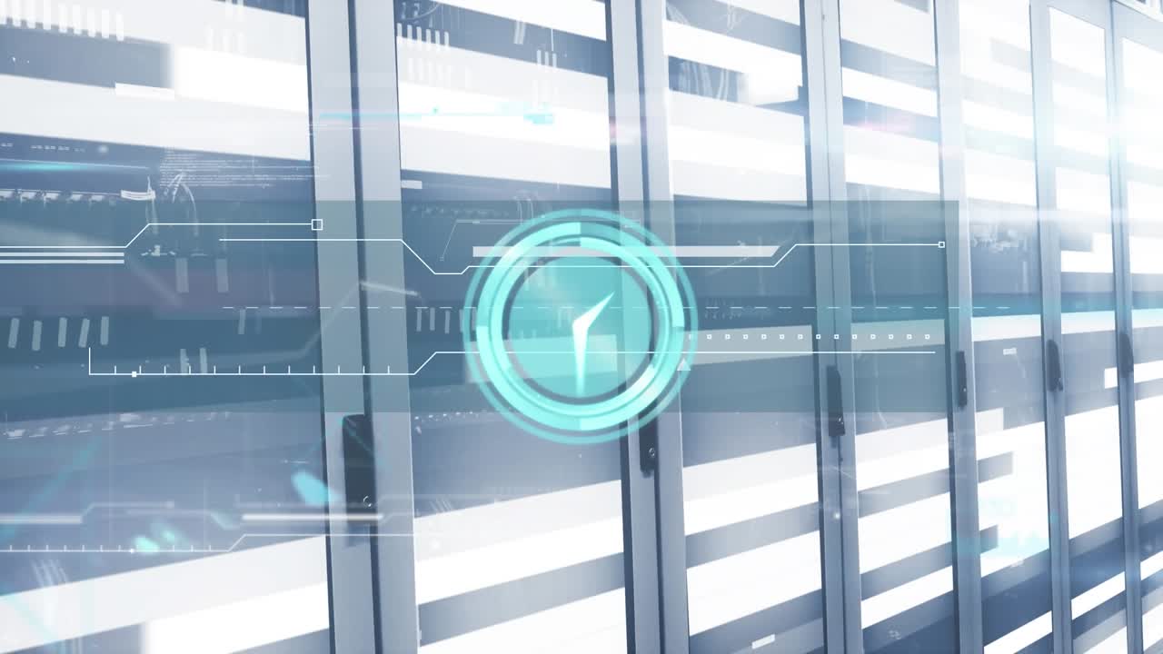 Animation of neon ticking clock icon against light trails over computer server room