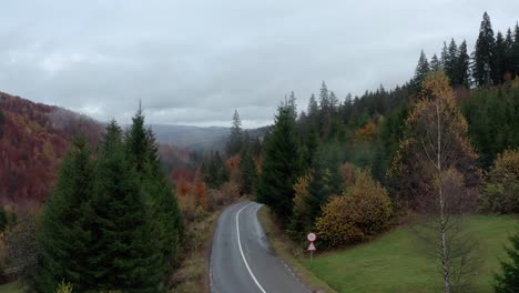 Carretera-Mojada-Que-Conduce-Al-Bosque-Otoñal-Brumoso,-Nyerges-teto,-Rumania,-Disparo-De-Drones