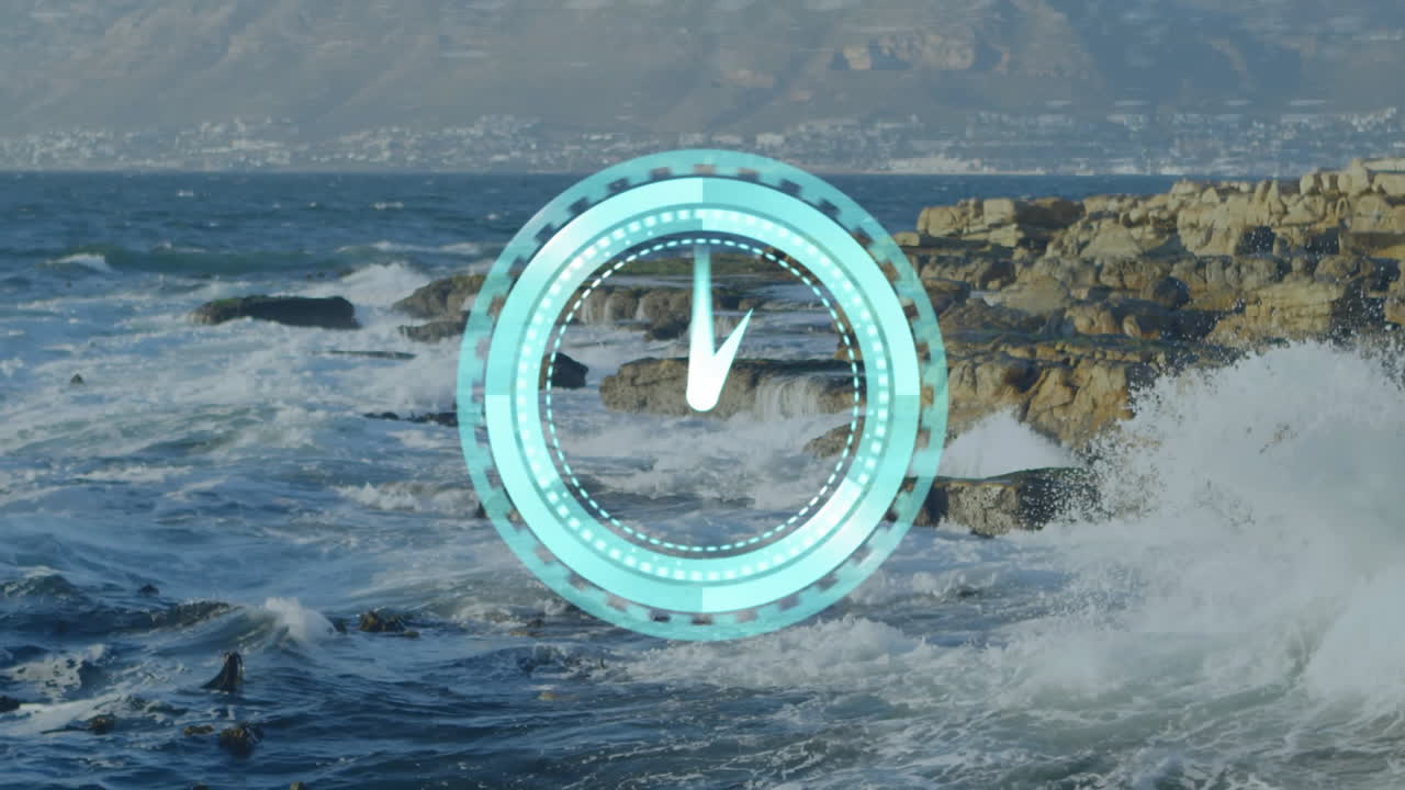 Circular digital animation over ocean waves crashing against rocky shore