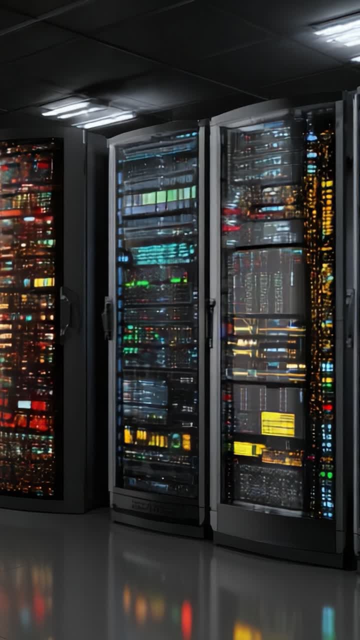 Una vista ravvicinata di rack di data center ad alta tecnologia illuminati con LED colorati, che mostrano la complessità della moderna tecnologia server e dell'infrastruttura di rete