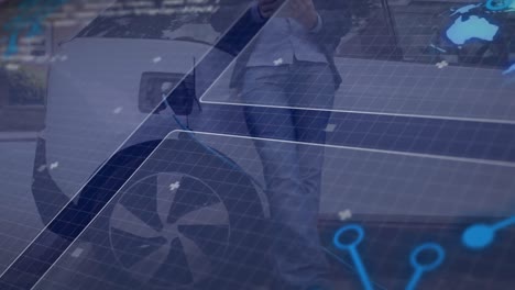 Animación-Del-Procesamiento-De-Datos-Sobre-Un-Hombre-Caucásico-Cargando-Un-Coche-Eléctrico