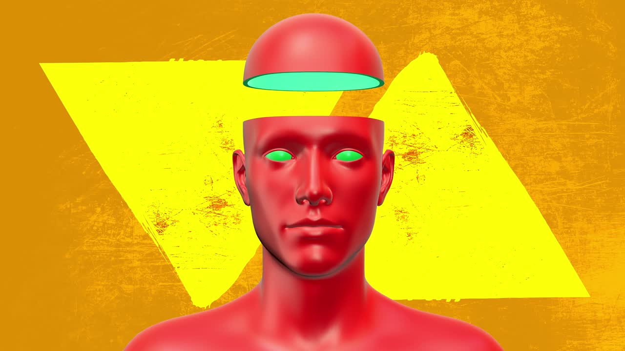 Minimal graphic colorful psychedelic design with grunge shapes. Human body abstract concept art. Realistic 3d character man or woman in creative modern stop motion style. Bright fashion animation.