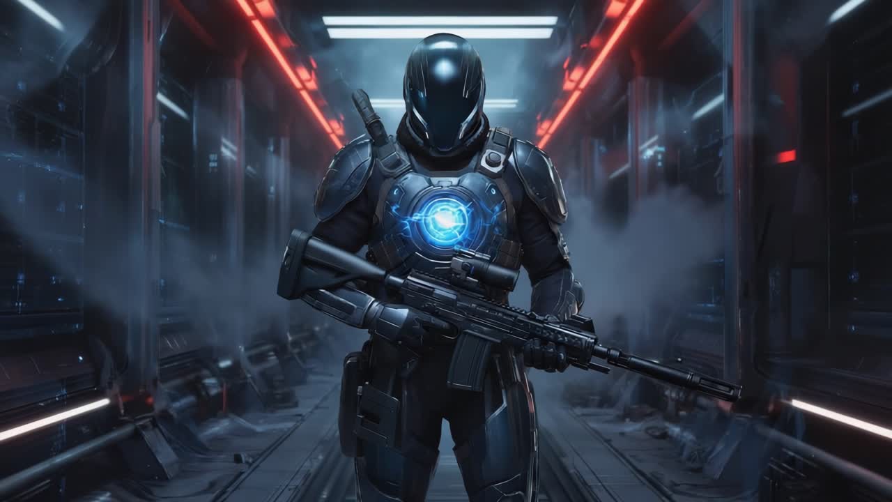 Futuristic Sci-Fi Soldier in Cyberpunk Corridor