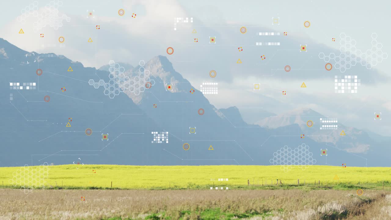 Second frame starting, HUD icons appearing over mountain and field, drifting left showing data