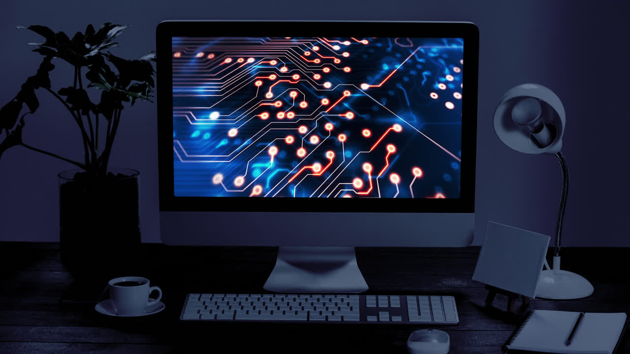 사무실에서 데이터 처리와 함께 컴퓨터의 애니메이션