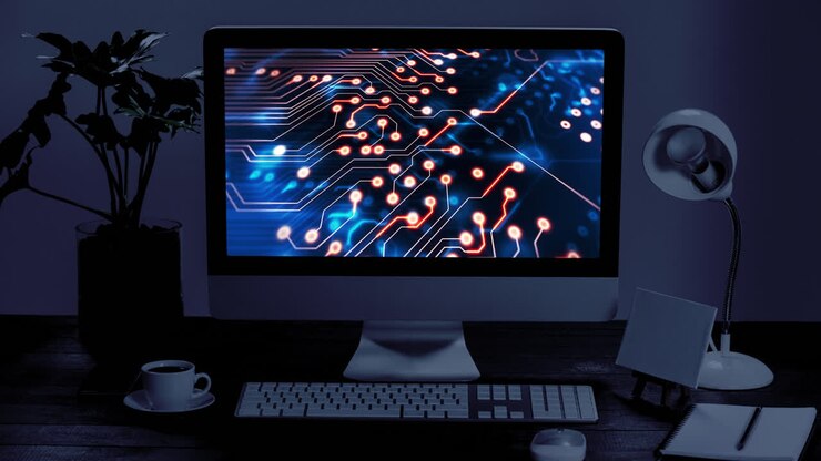Animation of computer with data processing in office