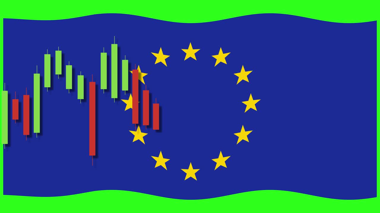 Animation of EU flag intertwined with moving candlestick graph, illustrating financial fluctuations on a vibrant green background
