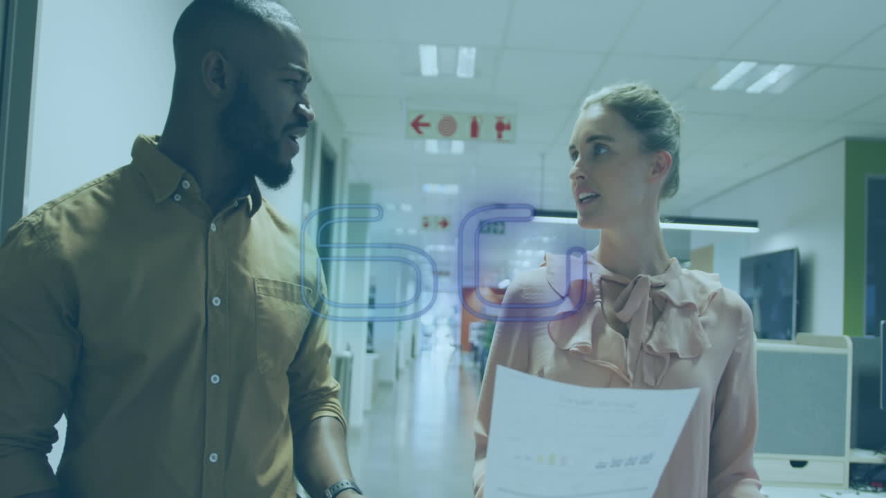 Animation of 6g text and data processing over diverse business people in office