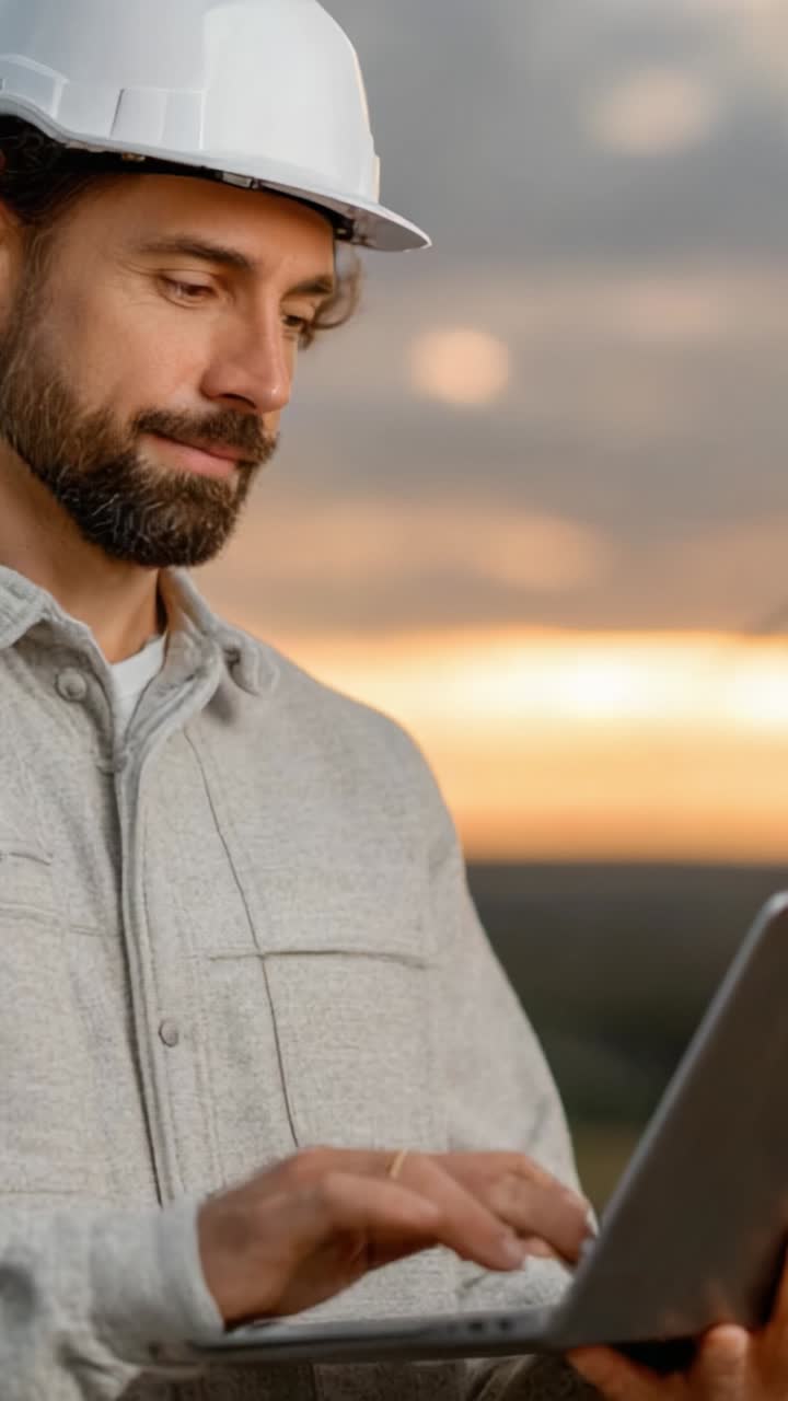 Hombre concentrado con sombrero usando un portátil en el exterior al atardecer, mostrando la integración de la construcción y la tecnología en entornos de trabajo modernos