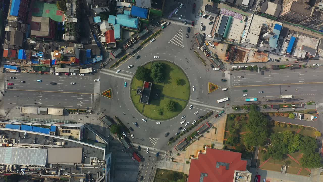 changsha 시내 교통, 거리 서클, 공중 다운 파노라마, 4k 중국