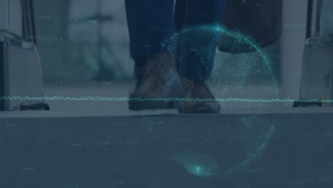 animation of financial data and graphs over legs of diverse businesspeople on escalator