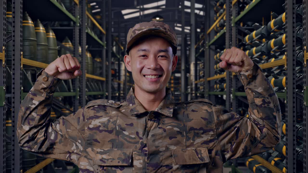 弾薬倉庫に立ち、笑顔で力こぶを見せるアジア人男性兵士のクローズアップ