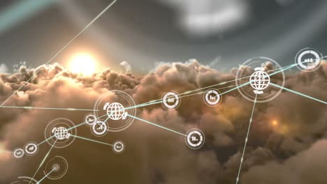 animation of network of connections with icons over sky with clouds