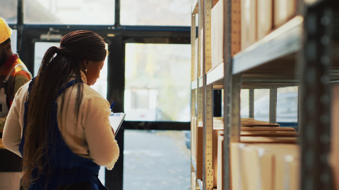 Workers inspecting boxes on shelves in a warehouse