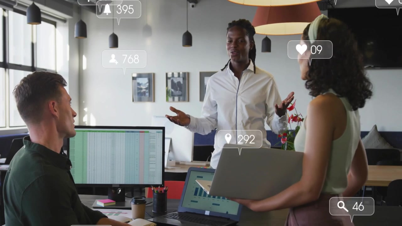 Lead presenting and gesturing, causing likes or views icons floating over desk showing marketing ROI