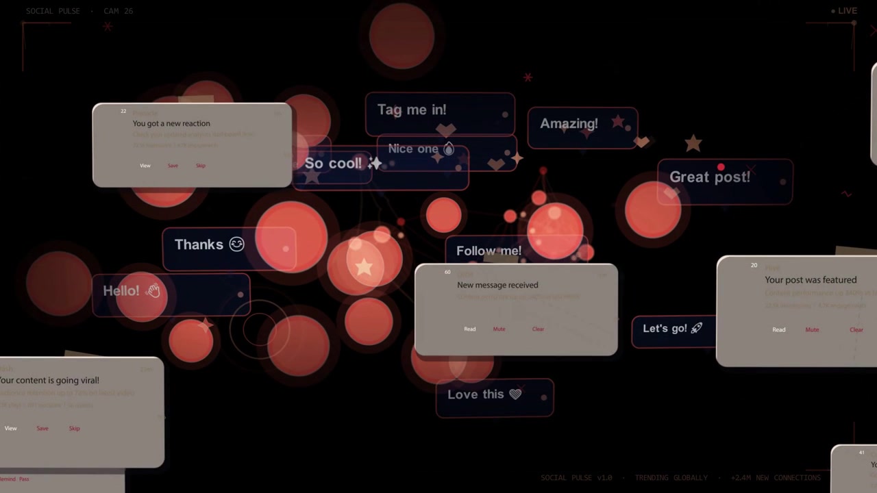 Red-orange circles appearing, grouping and pulsing while chat bubbles sliding, showing rising reach