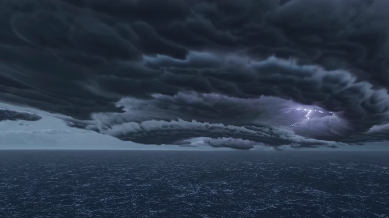 Dramatic wide-angle shot of a stormy sea with dark clouds and lightning, creating a cinematic video