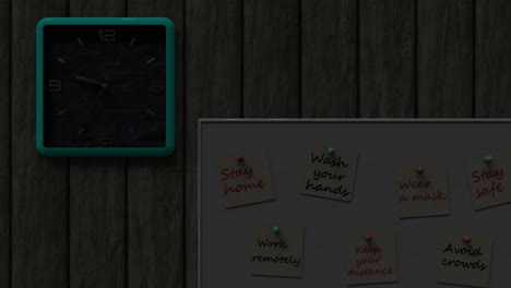 3d looped animation of day and night changes. a clock and an information board with notes on the wall. time moving concept during quarantine. important information about protection against coronavirus