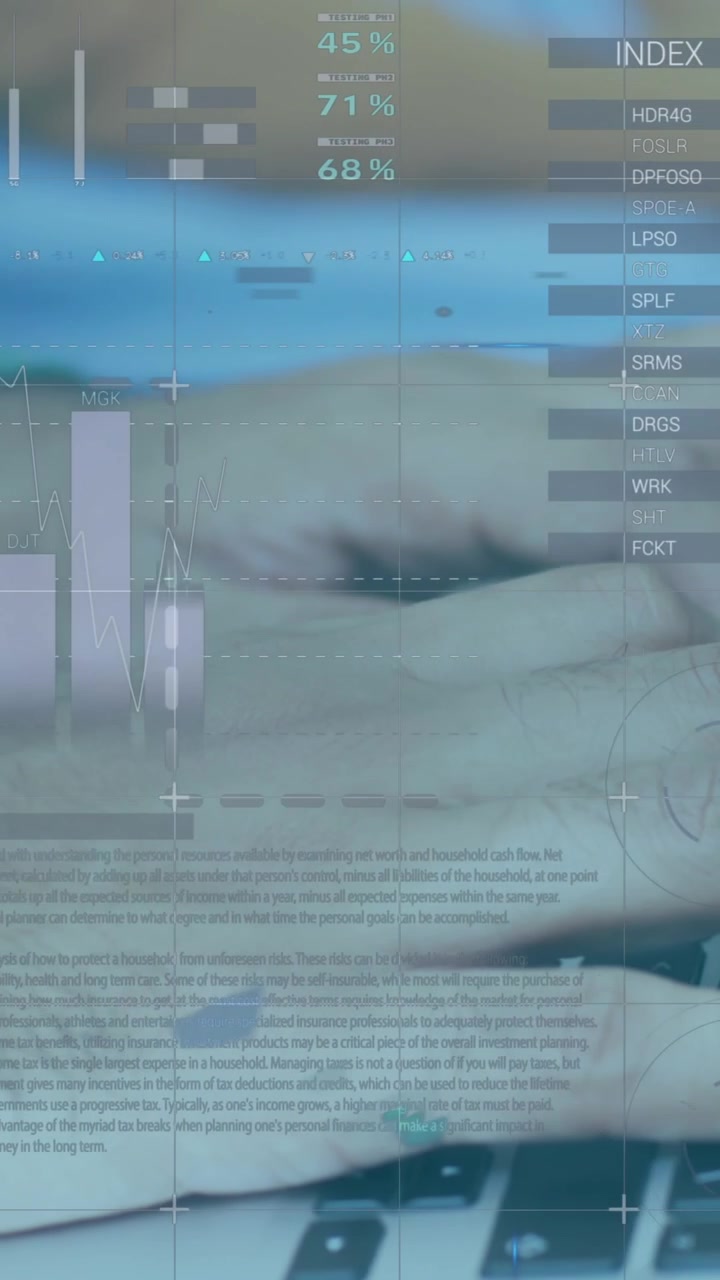 Animazione di un'interfaccia digitale che mostra statistiche con un uomo che digita su un laptop in un ufficio