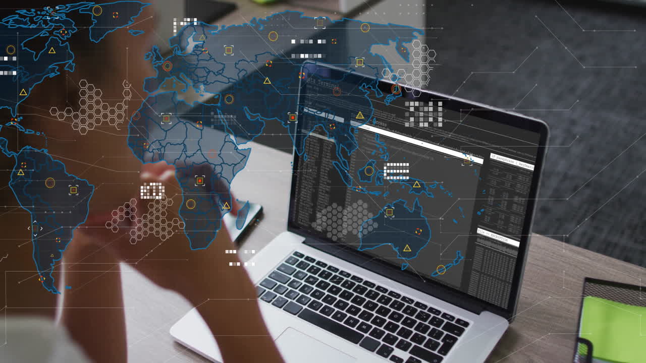 Data analytics overlay on world map, laptop screen in office environment