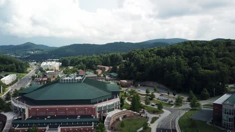 aerial of holmes convocation center on the appalachian state university campus in boone nc